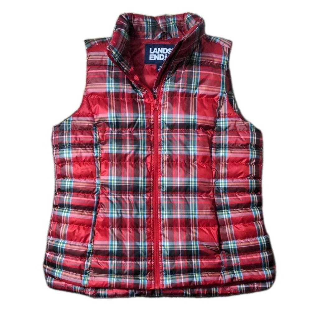 Lands End Red Plaid‎ Down Puffer Vest Womens Medium Zip Front Pockets Layering